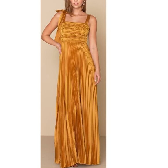 Lulus Gorgeous Purpose Gold Satin Pleated Sleeveless Bow Maxi Dress Large - Picture 1 of 9